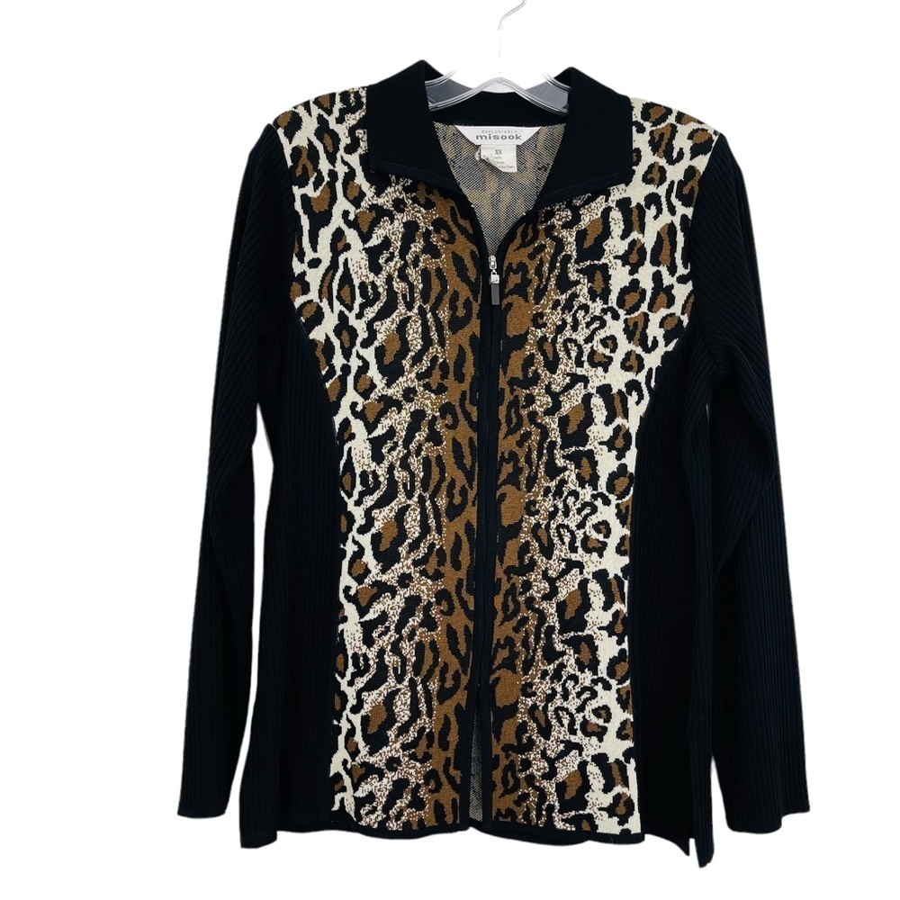 Misook Leopard animal print‎ full zip knit jacket Mob Wife women's size XS